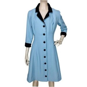 Vintage 60s Light-Blue Black Velvet Trim Button-Down 3/4 Sleeve Dress Size S/M